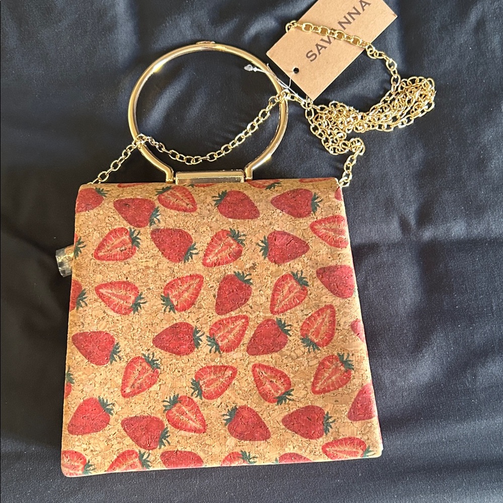 NWT Strawberry Print Cork Crossbody Bag with Gold Chain - Picture 2 of 4